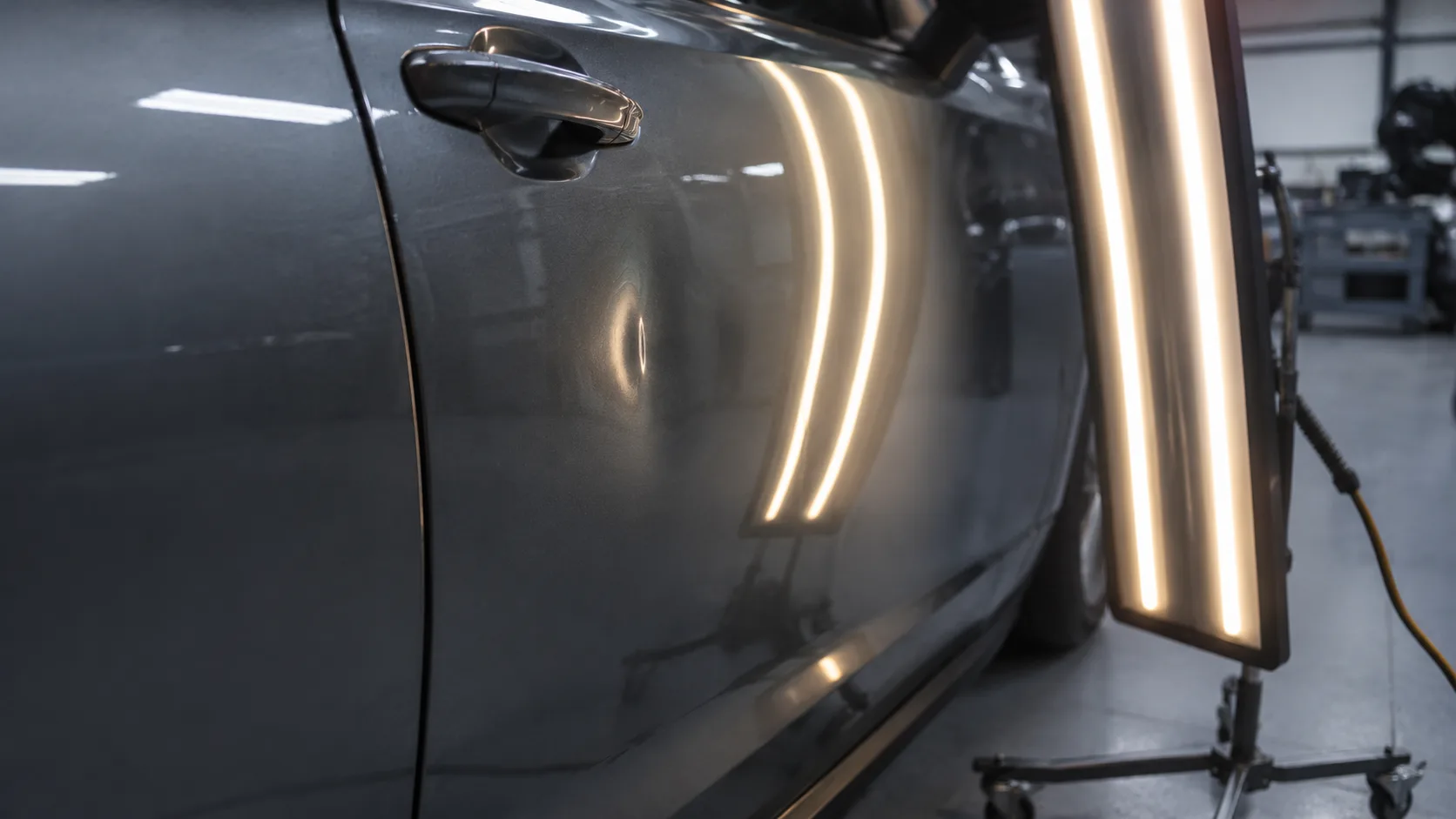 Bosse légère visible sur une carrosserie sous lampe de contrôle